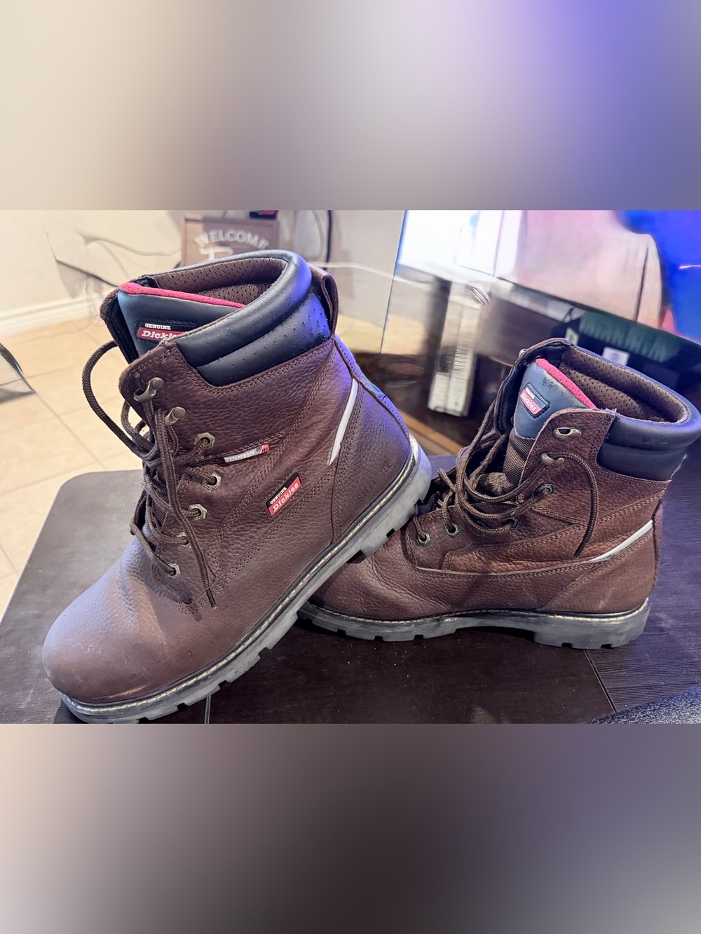 Steel Toe Dickies Brown Men’s Work Boots with Black Collar and Red Trim
